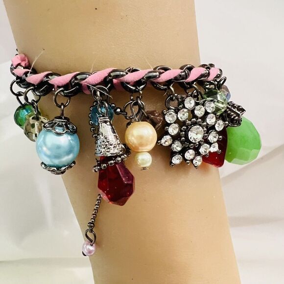 Art Glass Dangle Charm Bracelet Faux Pearl Leather Rhinestone Dangle Green Orang - Picture 2 of 9